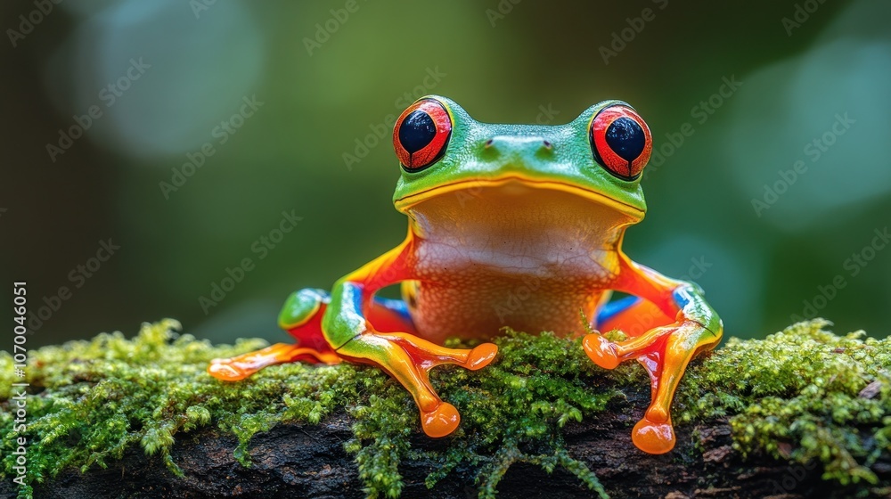 Fototapeta premium A vibrant red-eyed tree frog perched on a mossy branch, with a blurred green background.