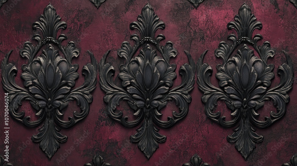 Three ornate black floral patterns on a textured red background. Three ornate black floral patterns on a textured red background.