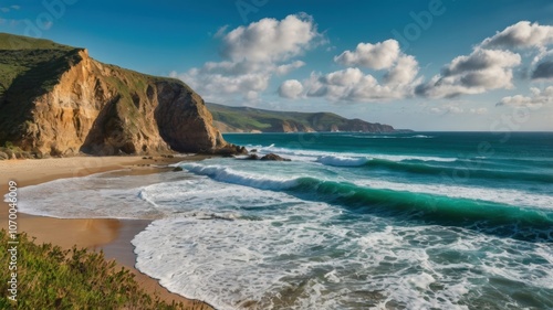 Scenic Coastal Cliffs and Rolling Waves on Sunny Beach 