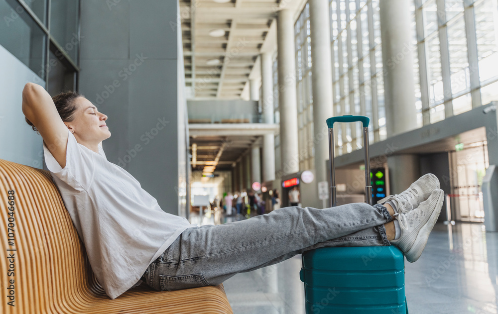 Young happy woman traveler relaxing on bench waiting for flight with suitcase in departure area at airport or train station