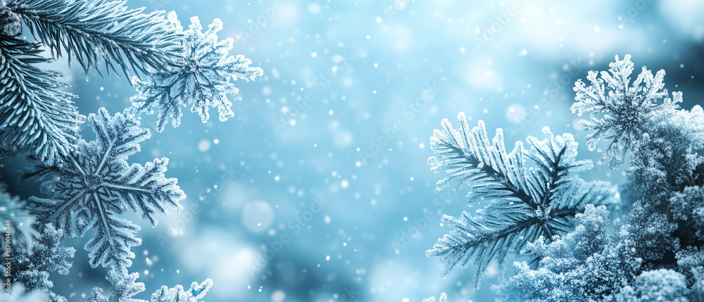 Frosty Pine Branches with Snowflakes. Frosty Pine Branches with Snowflakes.