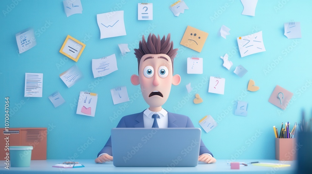 Confused Office Employee in a 3D Cartoon Setting Confused Office Employee in a 3D Cartoon Setting