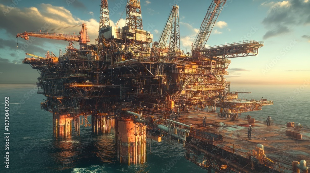 An offshore oil rig stands tall in the ocean during sunset, showcasing industrial engineering. An offshore oil rig stands tall in the ocean during sunset, showcasing industrial engineering.