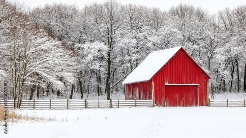 Iowa's Winter Wonderland Featuring a Red Barn in a Snowy Landscape Generative AI