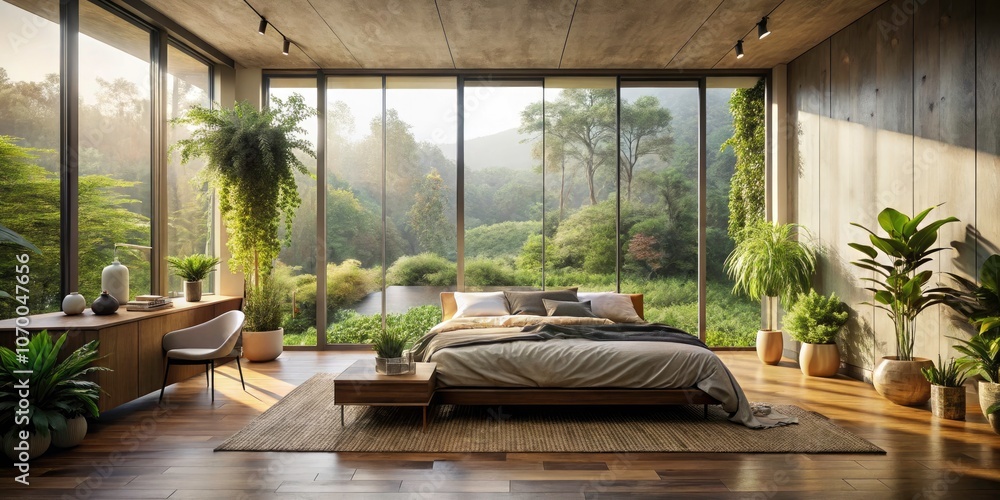 Serene Bedroom with Nature View in Minimalist Design - Tranquil Space, Natural Light, Cozy Atmosphere, Peaceful Retreat, Modern Decor, Relaxing Environment, Calming Vibes, Indoor-Outdoor Living