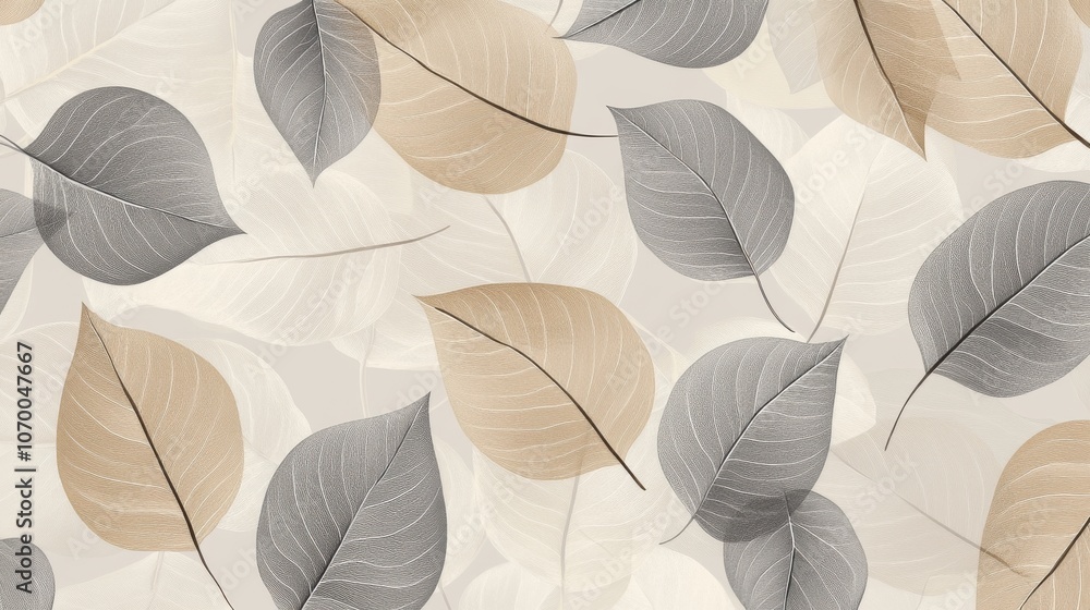 Obraz premium Softly colored leaves in shades of beige, gray, and white create an elegant and calming background design.
