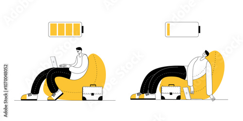 A cheerful man works at the computer, and a tired man sleeps in a bean bag chair. Vector illustration in outline style on the theme of workaholism and fatigue.