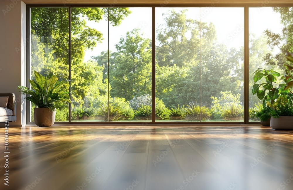 Obraz premium Bright and inviting interior with large windows overlooking lush greenery and indoor plants
