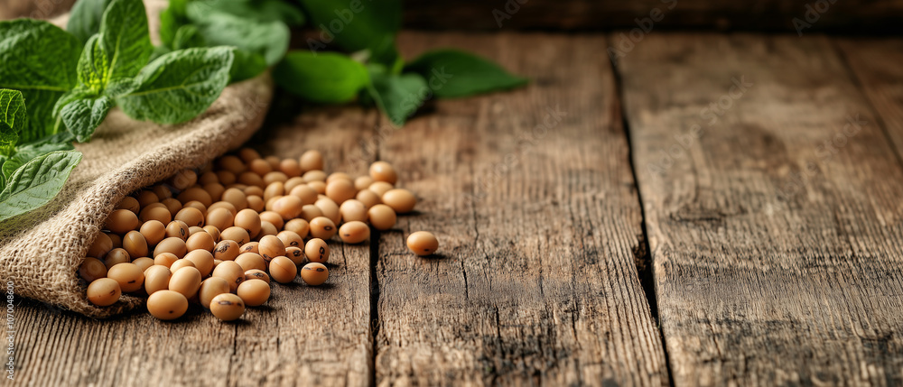 Soybeans in a burlap sack on a wooden table. Soybeans in a burlap sack on a wooden table.
