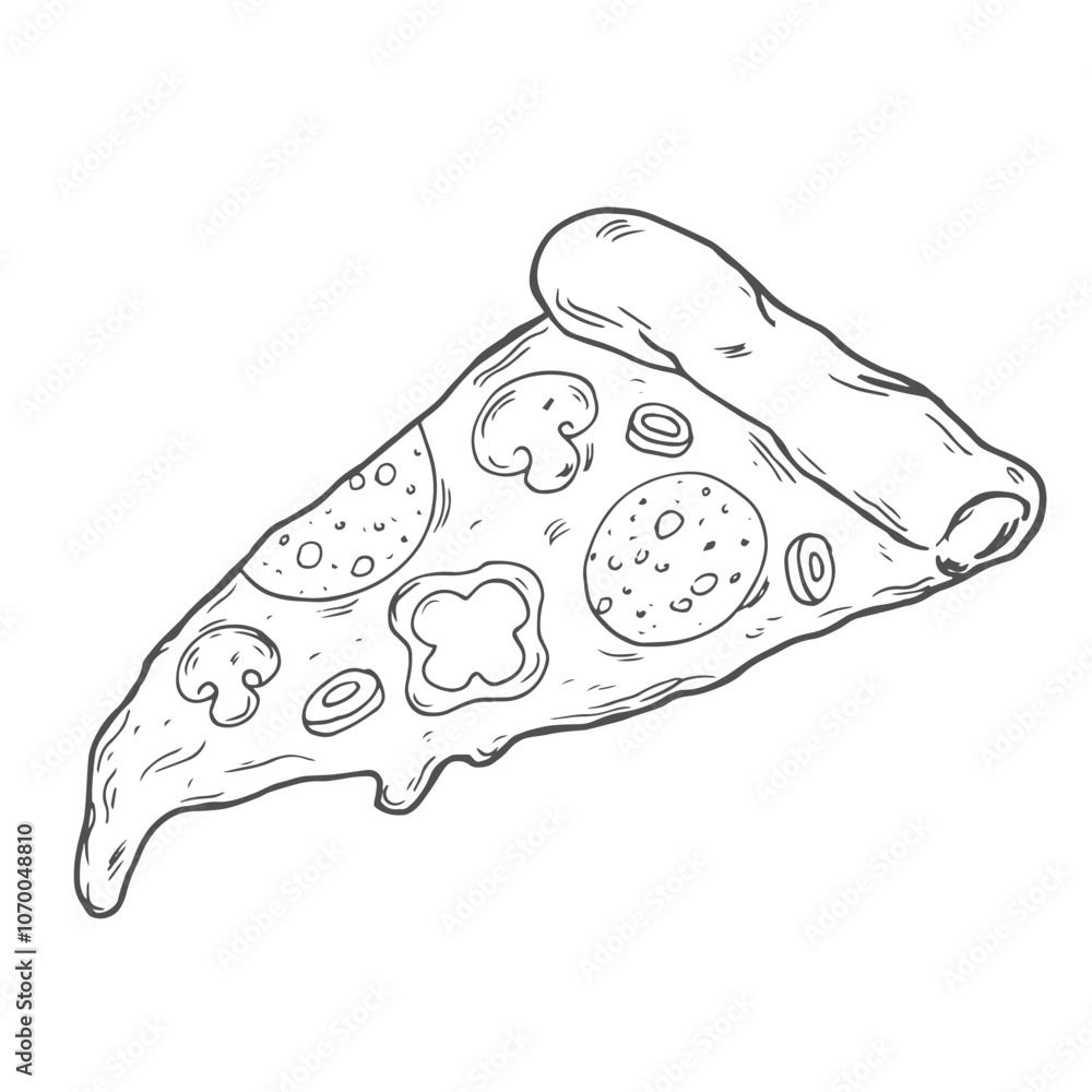 Vector illustration. Pizza slice with melted cheese and pepperoni. Hand drawn doodle. Cartoon sketch. Decoration for greeting cards, posters, emblems Vector illustration. Pizza slice with melted cheese and pepperoni. Hand drawn doodle. Cartoon sketch. Decoration for greeting cards, posters, emblems