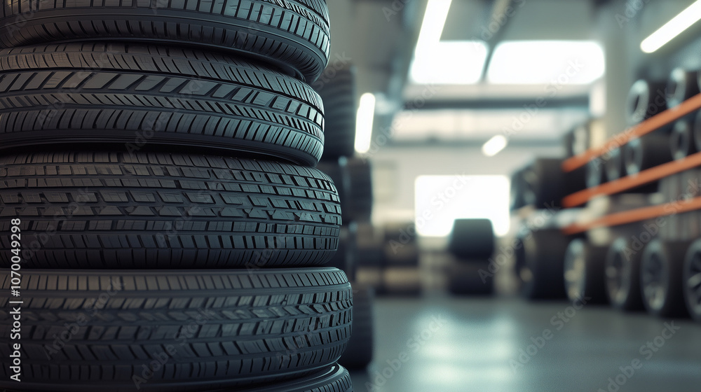 Stacked car tires in workshop with bright lighting Stacked car tires in workshop with bright lighting