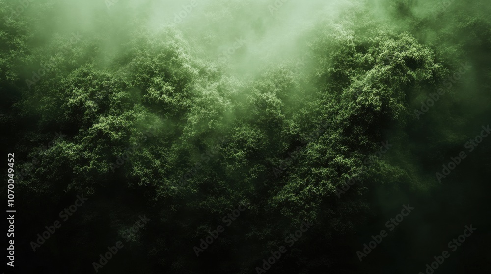 Lush green forest canopy enveloped in mist, creating a serene and tranquil atmosphere. Lush green forest canopy enveloped in mist, creating a serene and tranquil atmosphere.