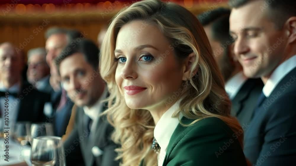 A poised woman in formal attire smiles at a business event, surrounded by colleagues in an upscale, elegant setting. A poised woman in formal attire smiles at a business event, surrounded by colleagues in an upscale, elegant setting.