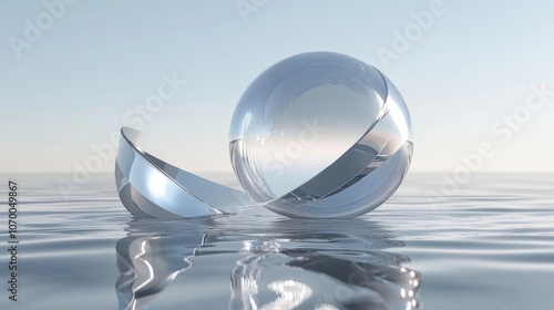 A reflective glass sphere and its split counterpart gently resting on calm water, creating a serene atmosphere.