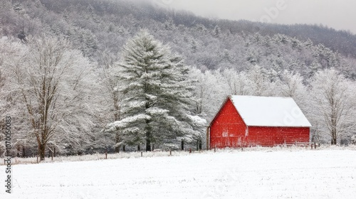 Kentucky Christmas Scene With a Red Barn and Snowy Landscape Generative AI