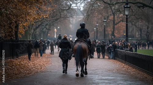 Mounted police officers patrol a bustling city park in autumn