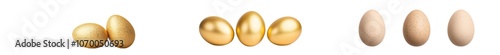 Isolated transparent background with realistic gold painted eggs. photo