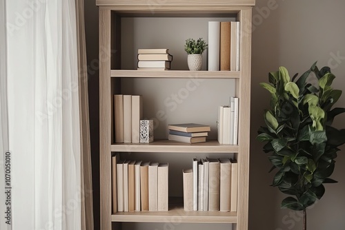 A stylish wooden bookshelf filled with neatly arranged books and decorative elements in a cozy, well-lit interior space. Generative AI