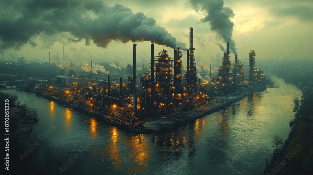 Industrial complex with smokestacks and river at dusk. Industrial complex with smokestacks and river at dusk.