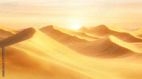 Serene sunset over golden sand dunes, creating a tranquil and warm atmosphere in a vast desert landscape.