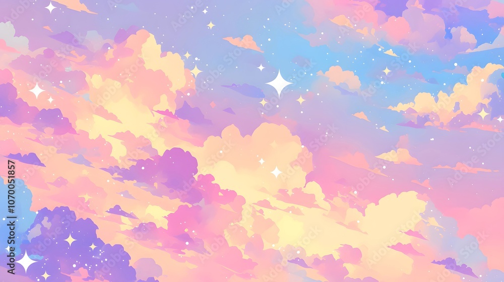Dreamy pastel sky with fluffy clouds and twinkling stars. Dreamy pastel sky with fluffy clouds and twinkling stars.