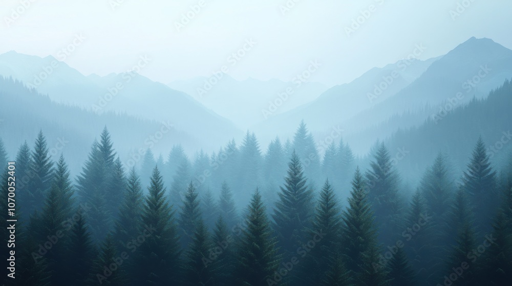 Serene misty mountains and evergreen trees create a tranquil atmosphere in this enchanting forest landscape. Serene misty mountains and evergreen trees create a tranquil atmosphere in this enchanting forest landscape.
