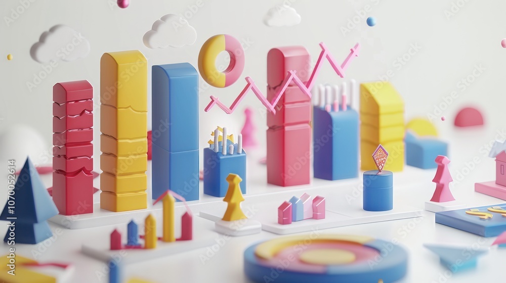 3D income model with rising bar charts, segmented revenue streams, and arrows indicating income growth on a white background 3D income model with rising bar charts, segmented revenue streams, and arrows indicating income growth on a white background