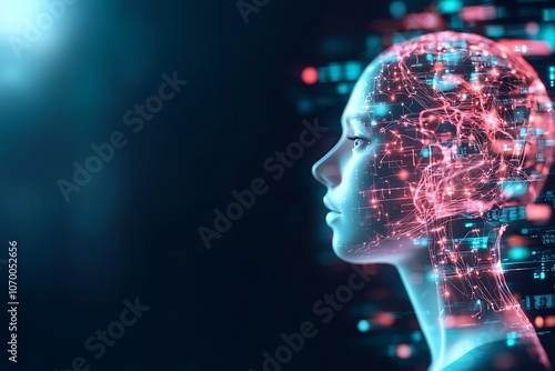 A digital representation of a human head, with glowing lines connecting to create a network within the brain, signifying artificial intelligence.