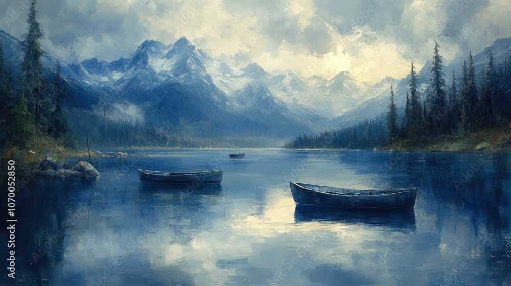 Obraz premium Serene Landscape with Boats on Tranquil Lake