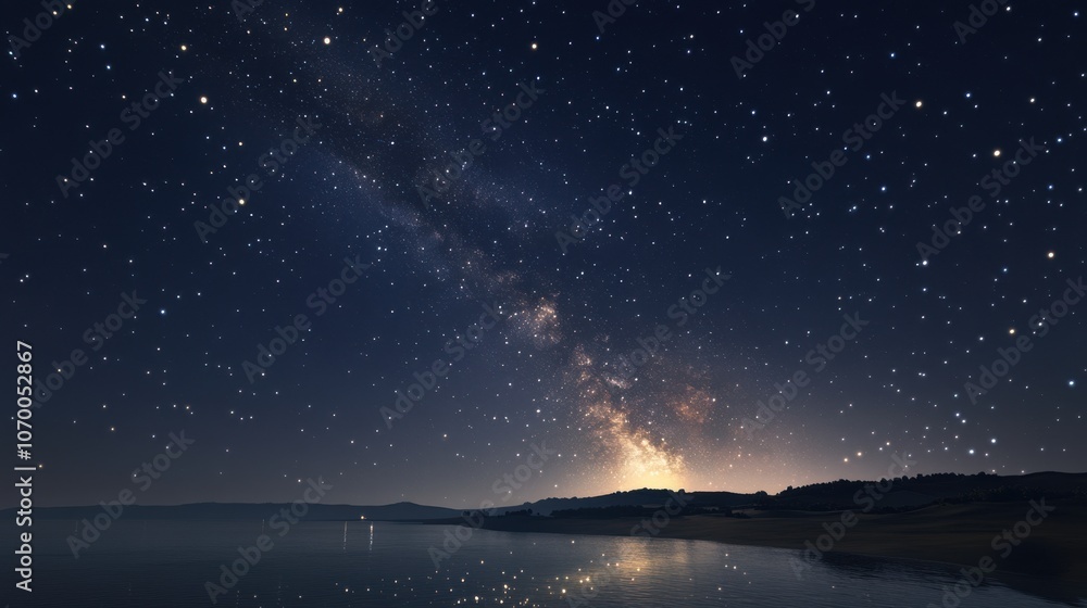 A stunning view of the Milky Way galaxy over a calm lake, showcasing bright stars against a dark night sky. A stunning view of the Milky Way galaxy over a calm lake, showcasing bright stars against a dark night sky.