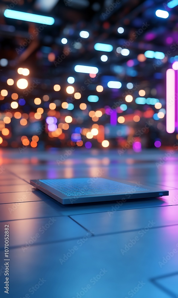 A futuristic tablet on a glossy floor with blurry neon lights in the background. A futuristic tablet on a glossy floor with blurry neon lights in the background.
