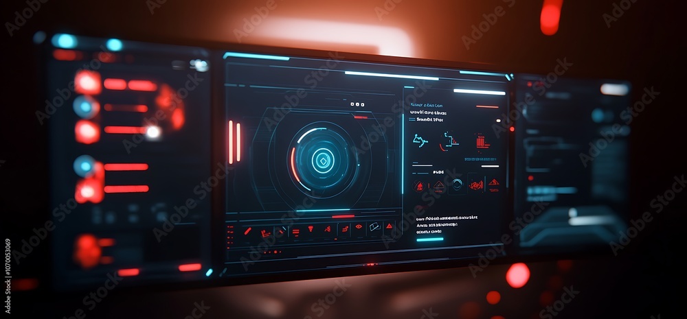 A futuristic user interface with a circular design in the center and other data visualizations in the background. A futuristic user interface with a circular design in the center and other data visualizations in the background.
