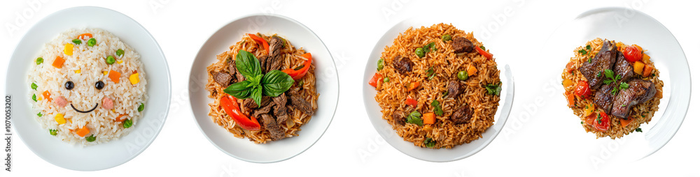 An isolated plate with pilaf on a transparent background, shown from the top An isolated plate with pilaf on a transparent background, shown from the top