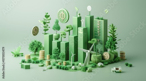 3D model of sustainable finance with green icons, eco-friendly investment bars, and renewable energy symbols on a white background