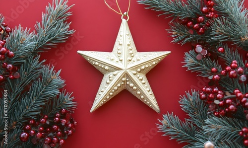 Gold Star Christmas Ornament with Pine Branches , Generative AI 