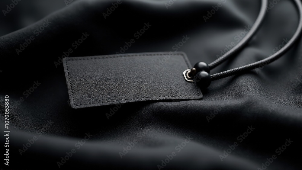 Blank woven clothing labels on dark textured fabric, moody lighting enhances the label’s luxurious look.