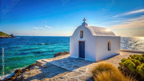 Minimalist Photography of the Chapel of Agia Marina near Archangelos in Lakonia, Peloponnese, Greece - Serene Coastal Views, Whitewashed Architecture, Tranquil Atmosphere, and Natural Beauty photo