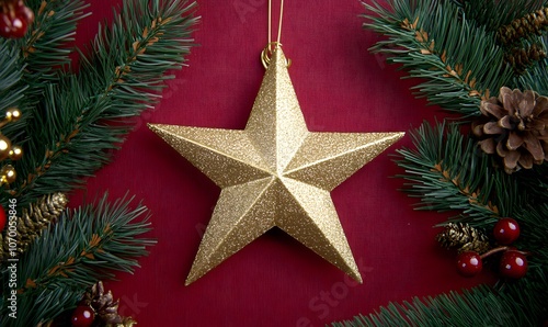 Gold Star Christmas Ornament with Pine Branches , Generative AI 