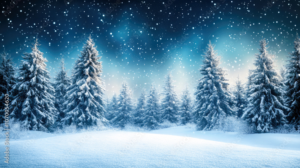 Serene winter landscape with snow-covered trees and snowfall Serene winter landscape with snow-covered trees and snowfall