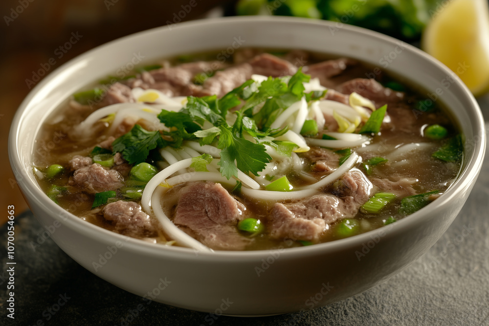 Bowl of Vietnamese Pho with Beef and Fresh Herbs Bowl of Vietnamese Pho with Beef and Fresh Herbs