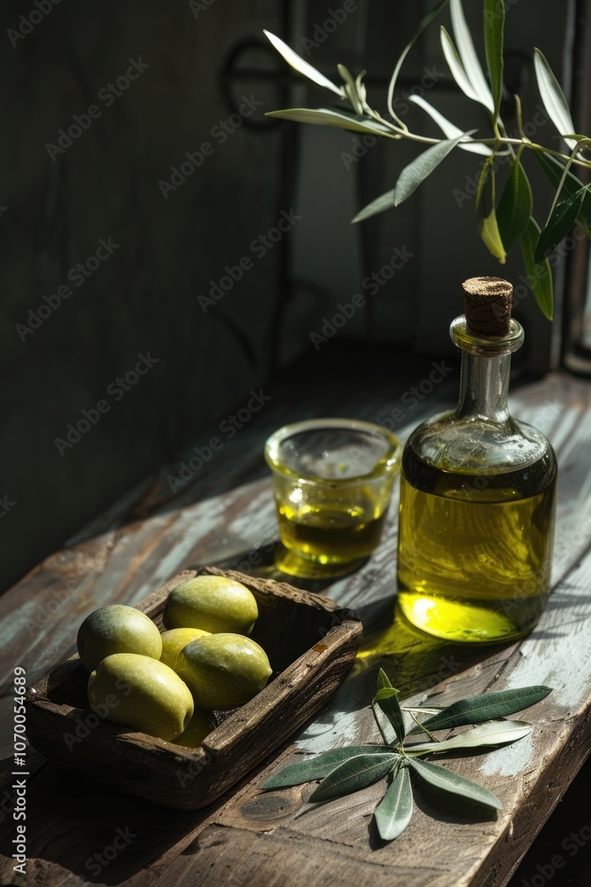 Rustic Still Life of Olive Oil and Fresh Olives on Wooden Table with Vine Leaves Rustic Still Life of Olive Oil and Fresh Olives on Wooden Table with Vine Leaves