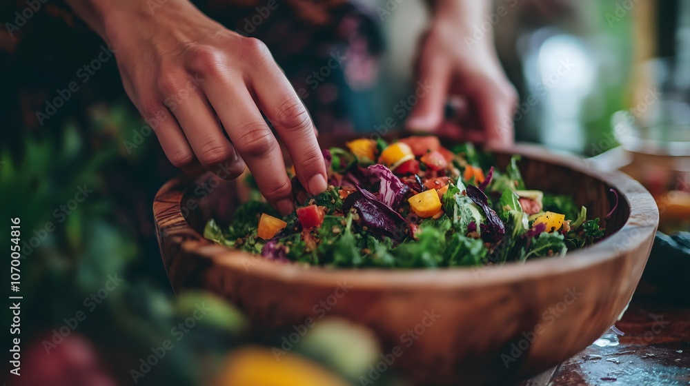 Hands Preparing Colorful Salad, Healthy Eating, Fresh Ingredients Hands Preparing Colorful Salad, Healthy Eating, Fresh Ingredients