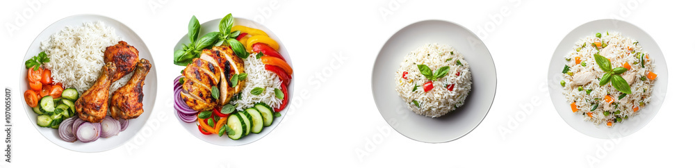 On a transparent background, a plate of chicken biryani is isolated on top On a transparent background, a plate of chicken biryani is isolated on top
