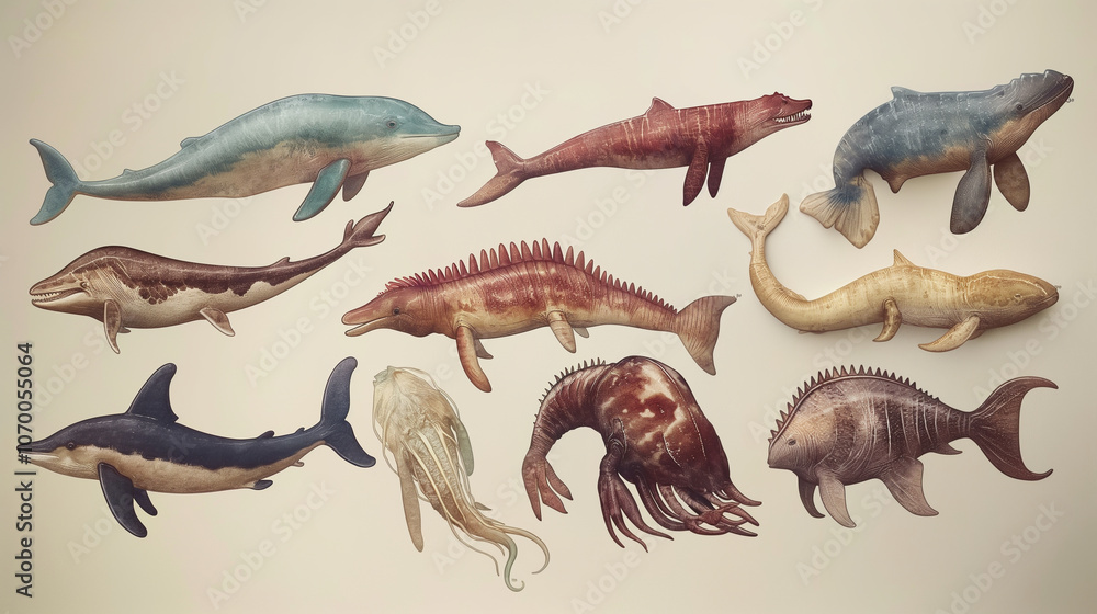 dinosaurs set isolated on white ,A drawing of various sea creatures, including a whale skeleton, a fish dinosaurs set isolated on white ,A drawing of various sea creatures, including a whale skeleton, a fish