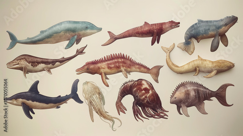 Fototapeta Naklejka Na Ścianę i Meble -  dinosaurs set isolated on white ,A drawing of various sea creatures, including a whale skeleton, a fish