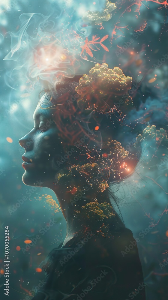 Surreal Portrait of a Woman with Nature Elements and Glowing Lights Surreal Portrait of a Woman with Nature Elements and Glowing Lights