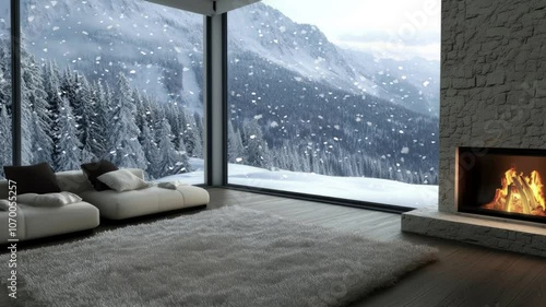 The serene living room features a large window showcasing a stunning snow-covered mountain landscape and heavy snowfall, complete with a warm fireplace, plush sofa, and soft rug.
