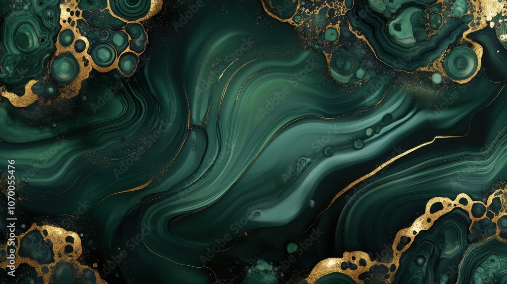 Obraz premium A stunning abstract design featuring lush green swirls and gold accents, creating a sense of elegance and tranquility.