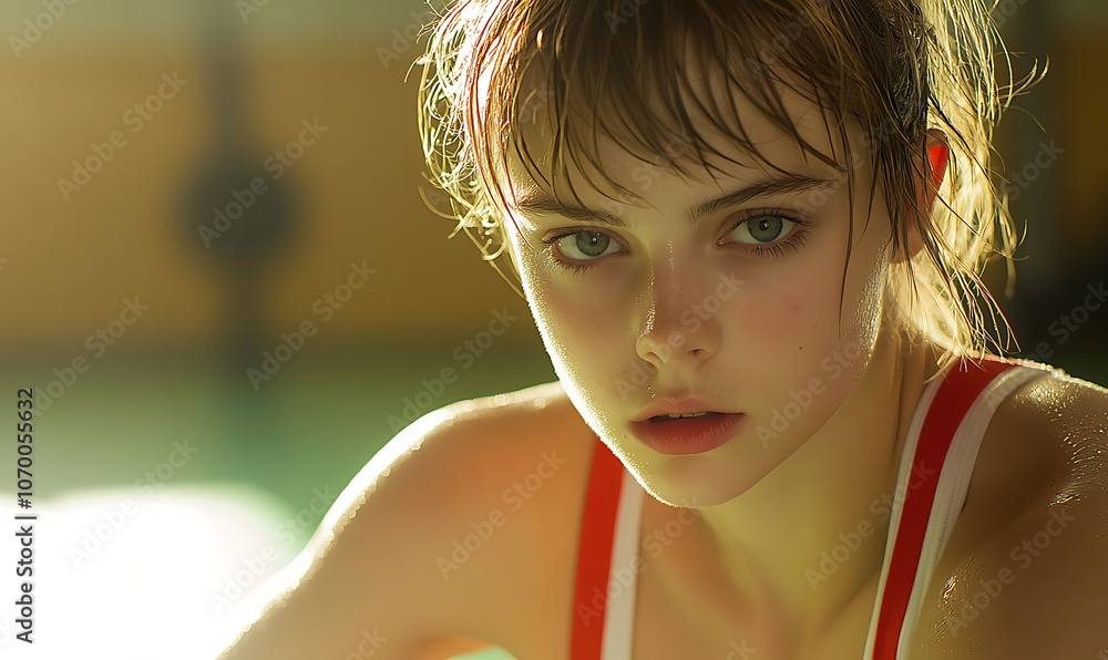 A young woman with wet hair and a determined look. A young woman with wet hair and a determined look.