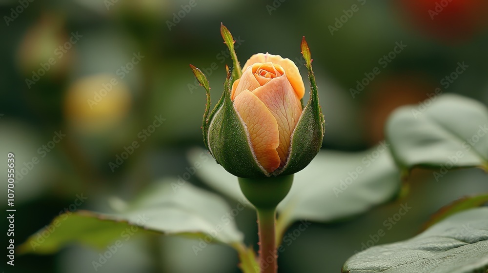Close-up of a blooming rosebud amidst lush greenery in a vibrant garden setting Close-up of a blooming rosebud amidst lush greenery in a vibrant garden setting
